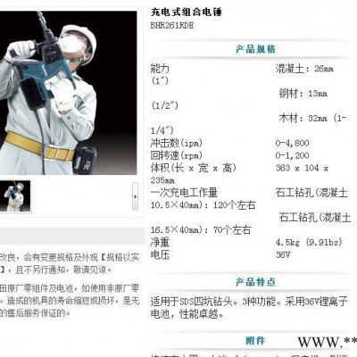 牧田电动工具,充电式电锤BHR261RDE（原装）图1