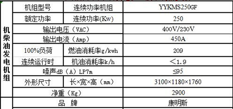 250kw康明斯发电机组