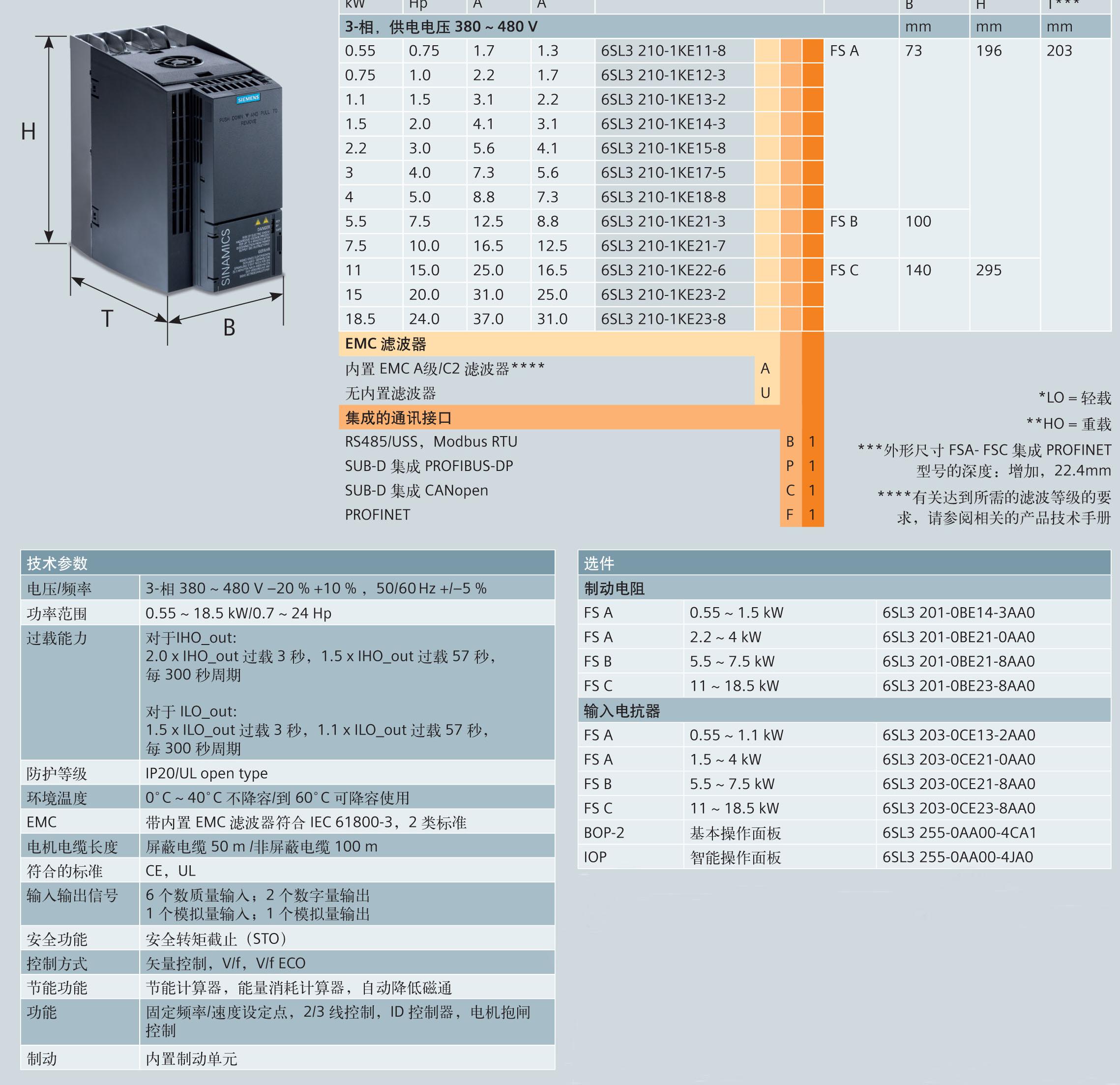 西门子矢量型变频器技术参数