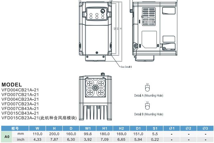 台达VFD-C200变频器外形尺寸